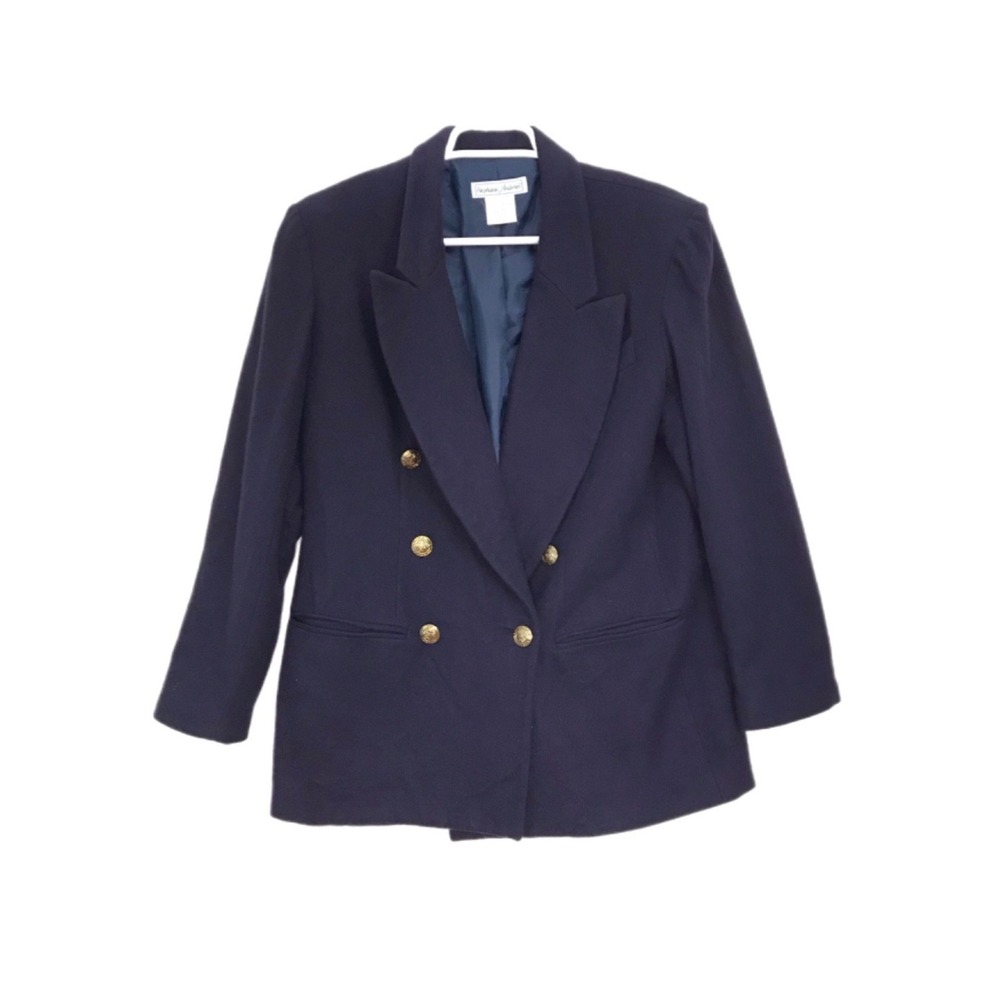 Vintage Stephanie Andrews 100% Wool Coat Blazer Double Breasted Sz 10P Navy Blue